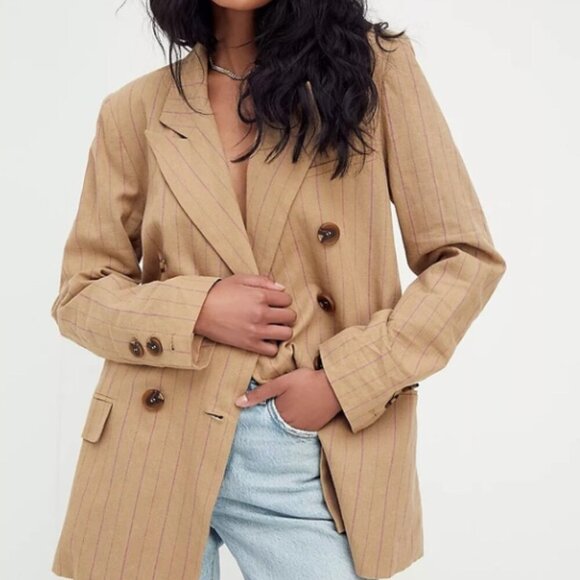 Free People Ashby Oversized Double Breasted Stripe Blazer Tan/Pink Size XS NWT - Picture 2 of 10